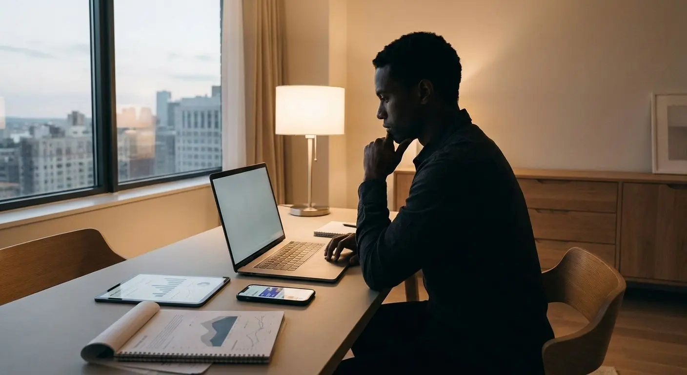 Fictional expert analysing a mobile app on a laptop
