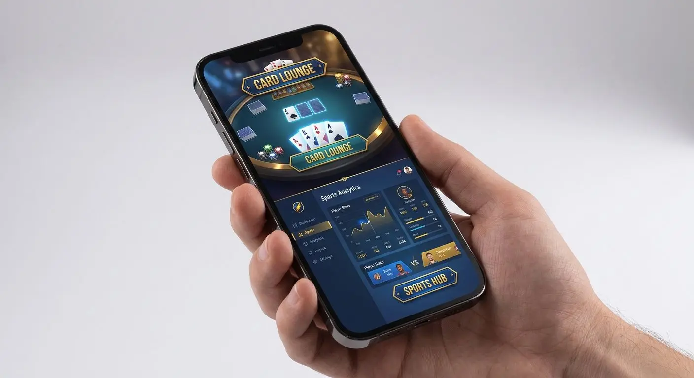 Smartphone showing the SpinBet app style home screen with game lobby and sports area