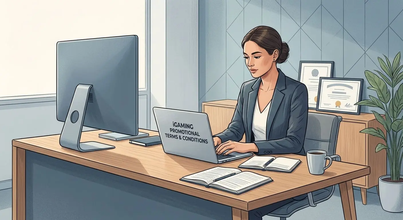 Illustration of an iGaming content expert reviewing bonus terms