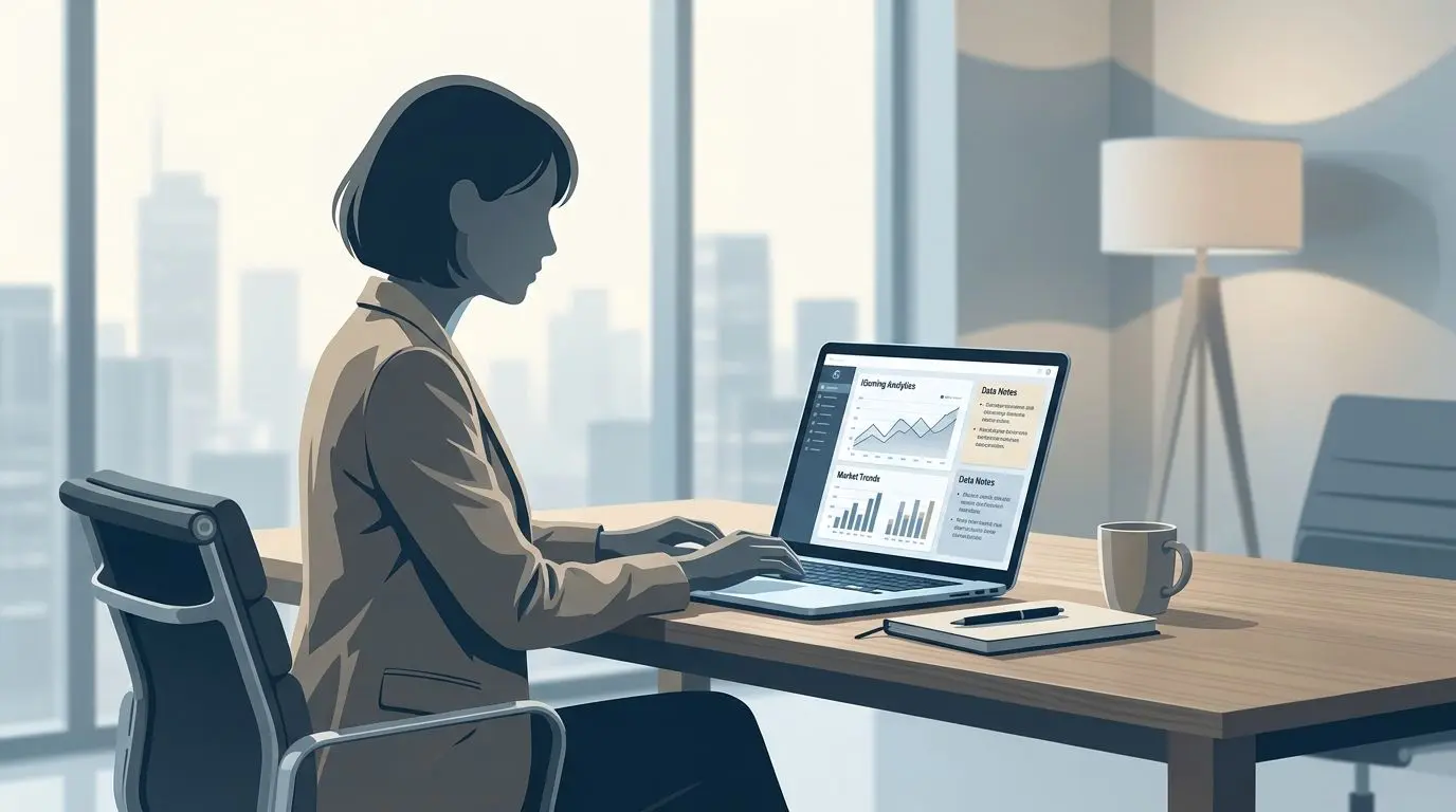 Fictional analyst reviewing bonus data on a laptop