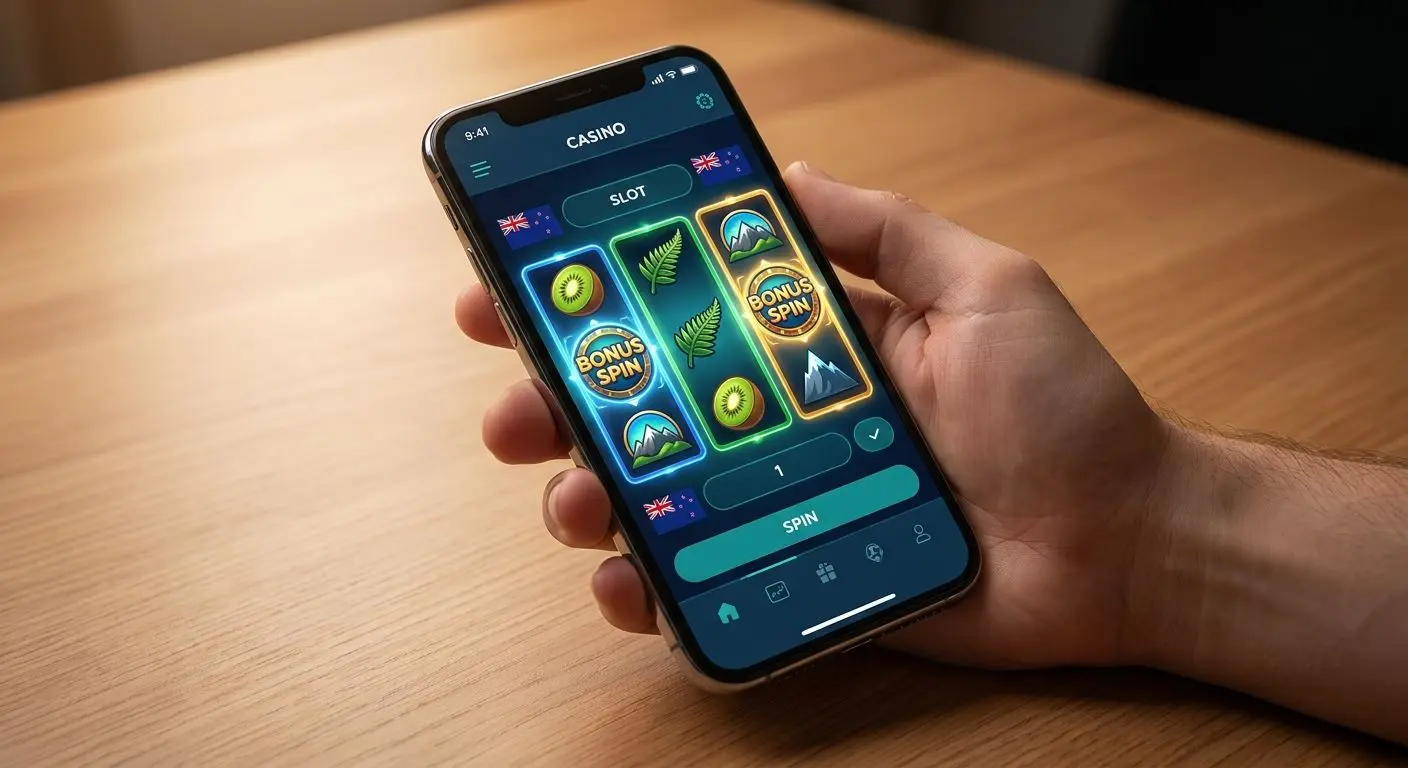 Mobile phone showing free spins slot interface
