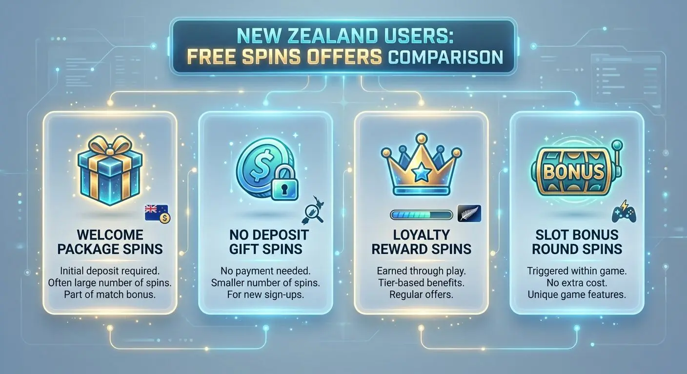 Types of Spinbet free spins explained Comparison graphic of welcome, no deposit, loyalty and in-game free spins types