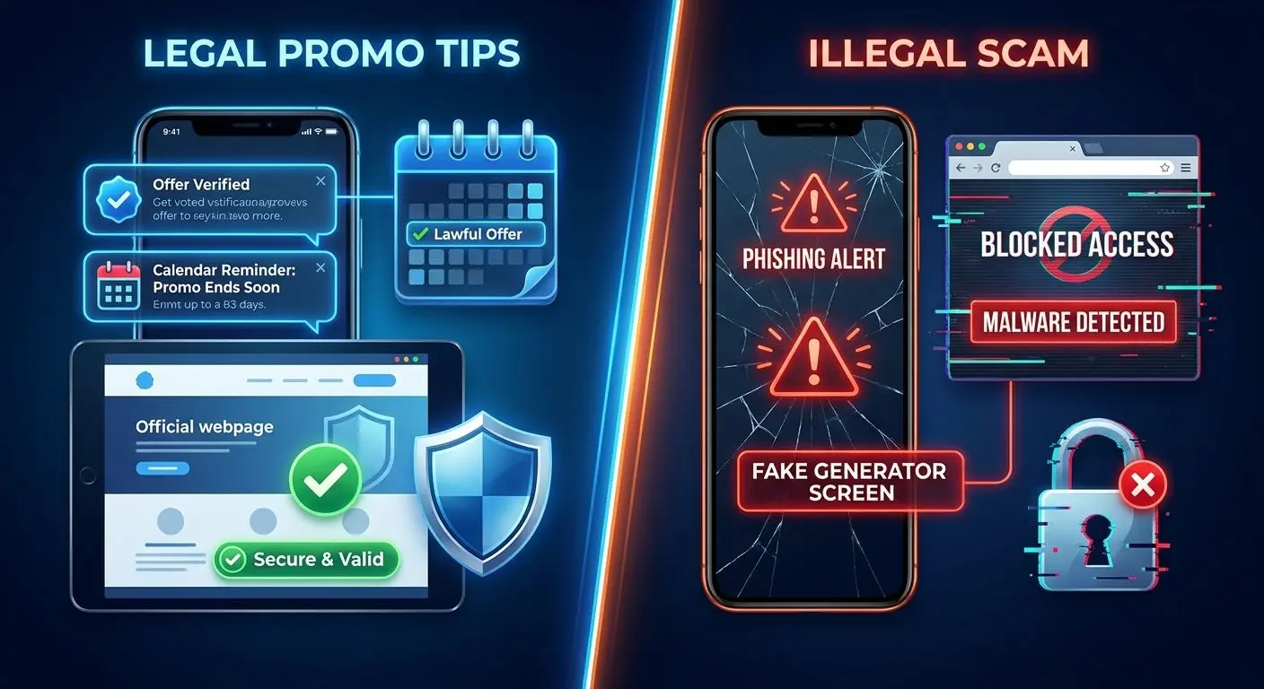 Legal versus illegal free spins methods illustrated on split screen