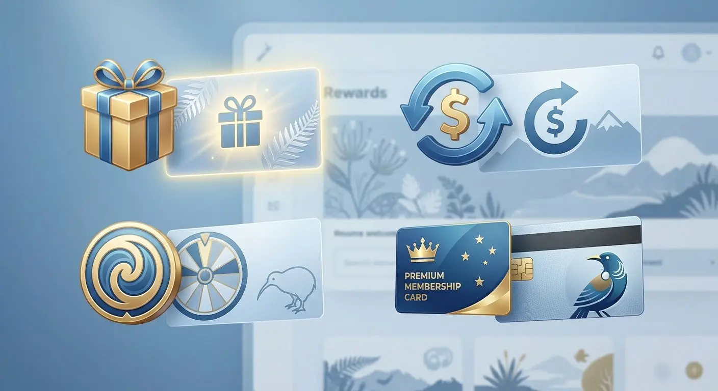 Illustration of different bonus types including gift, spins, cashback and VIP rewards