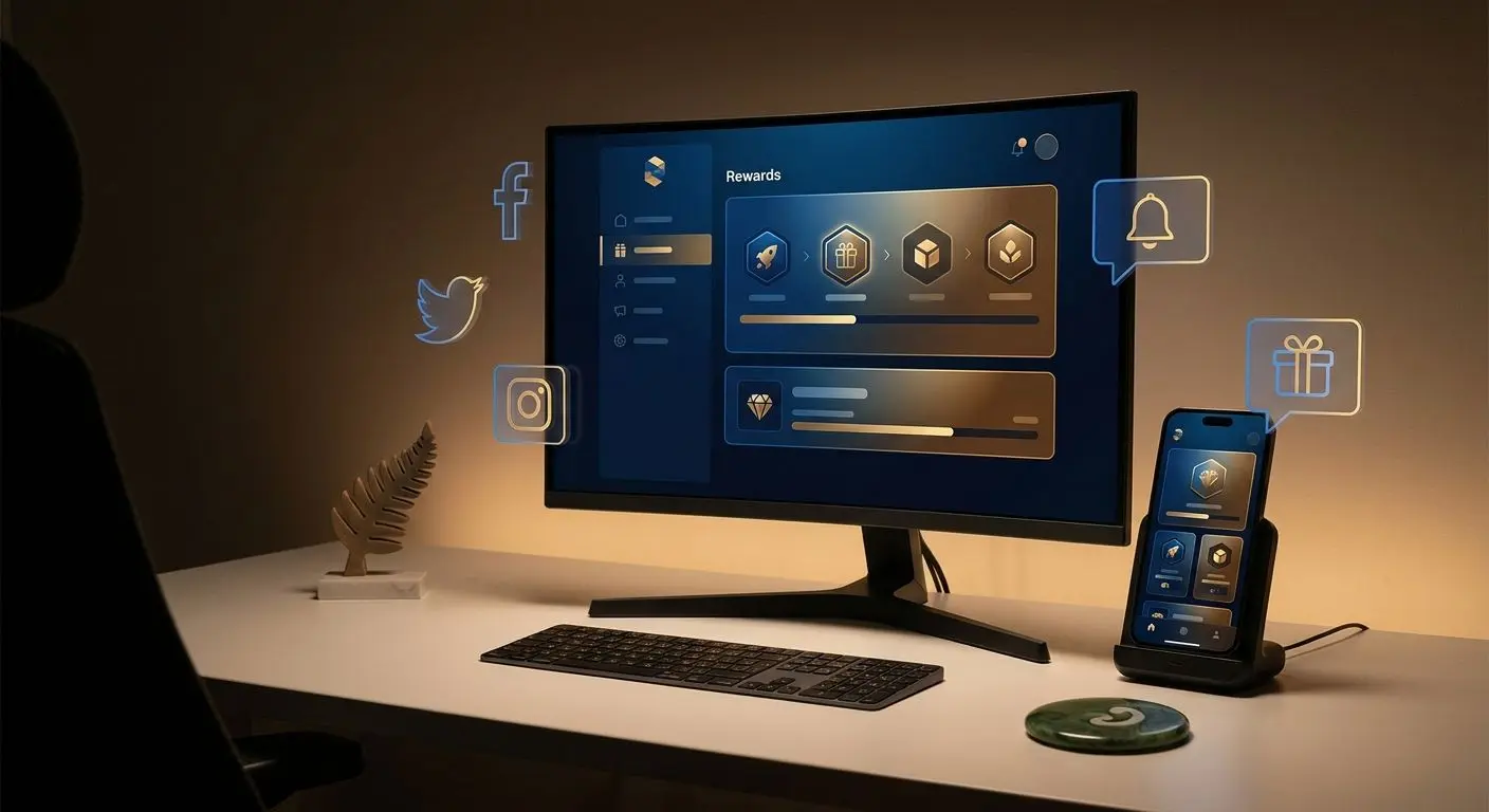 Desktop and mobile devices displaying promo access with social channel symbols