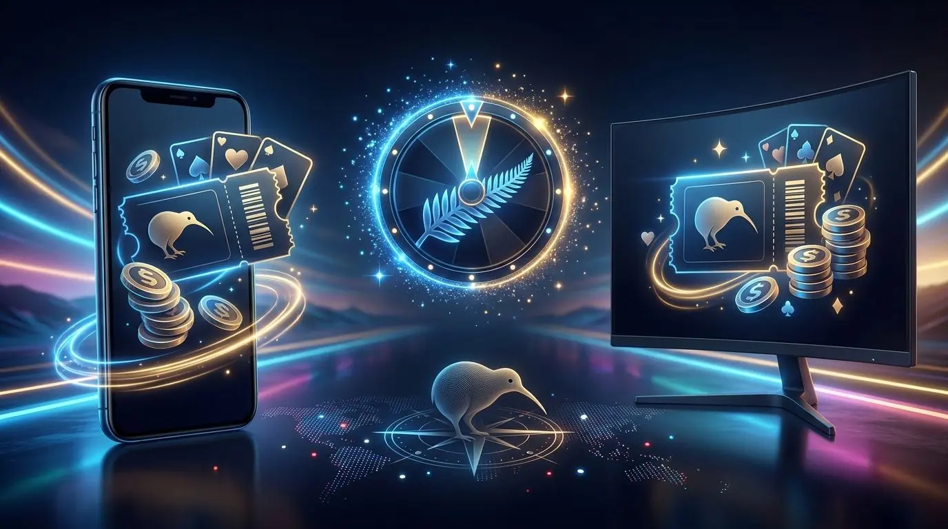NZ-themed promo banner with digital rewards, mobile screen and entertainment visuals