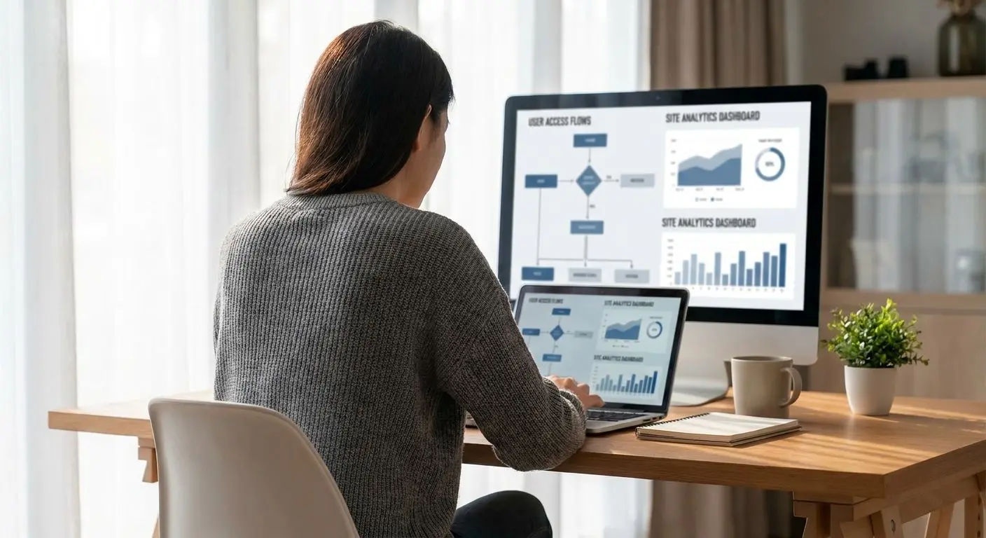 Website analyst reviewing account access and security guidance on laptop