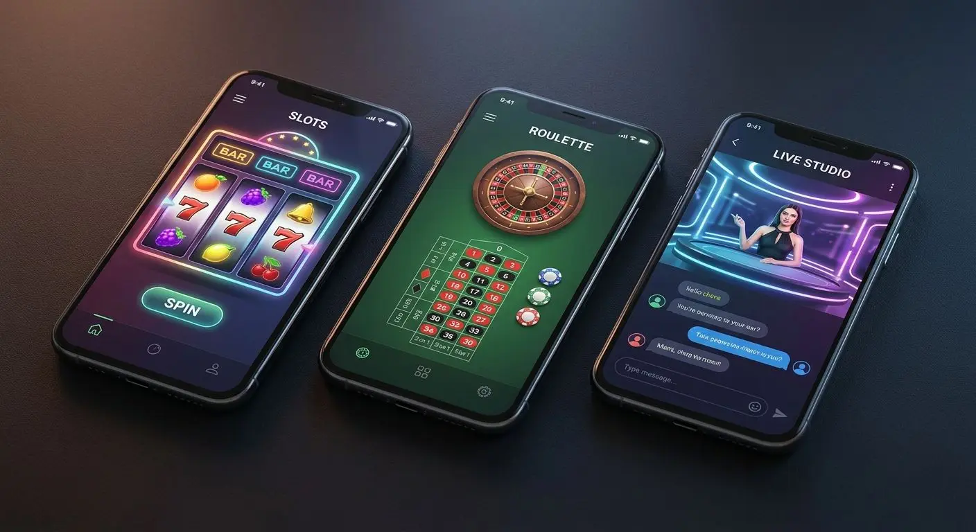 Mobile Game Variety Smartphones showing slot, roulette, and live table mobile game screens