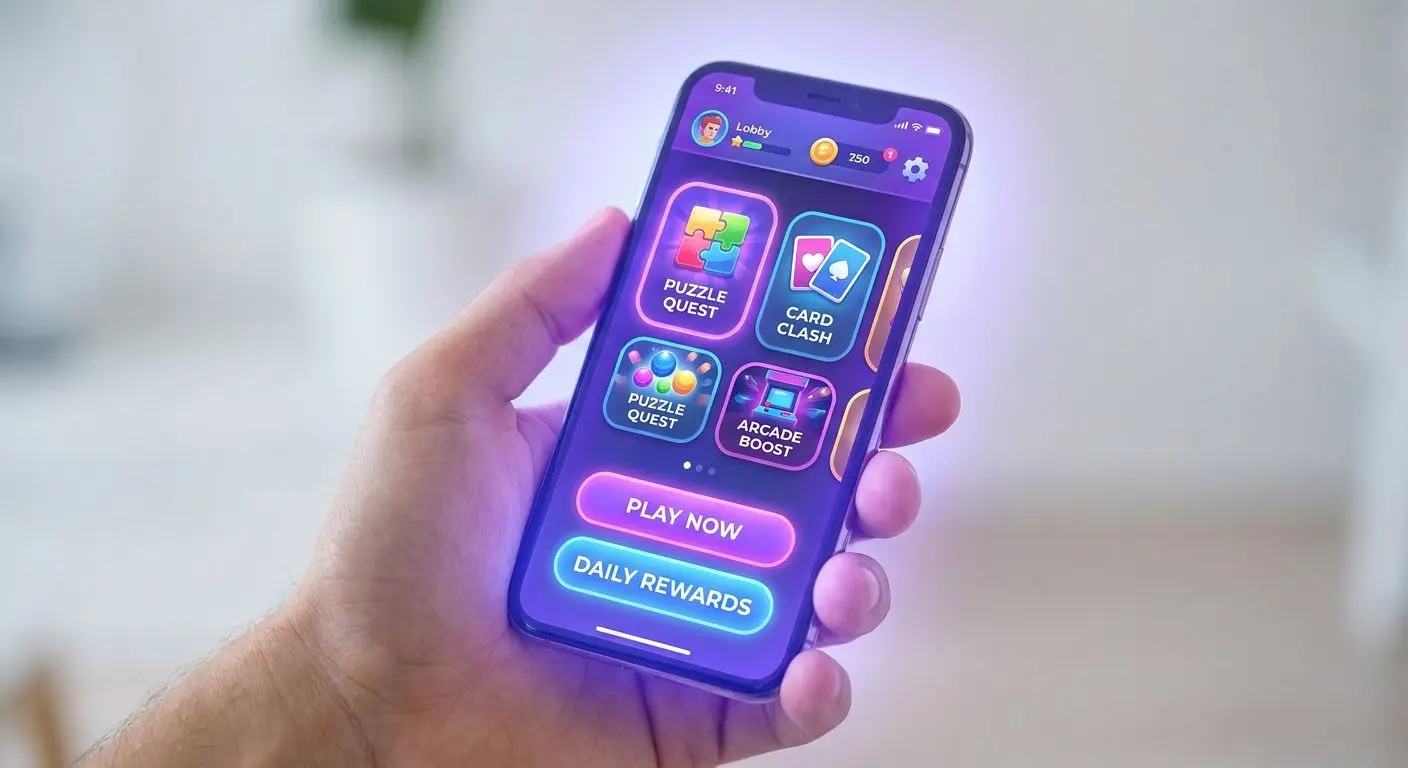Mobile Interface on Smartphone Mobile gaming lobby on a smartphone with large icons and touch-friendly layout