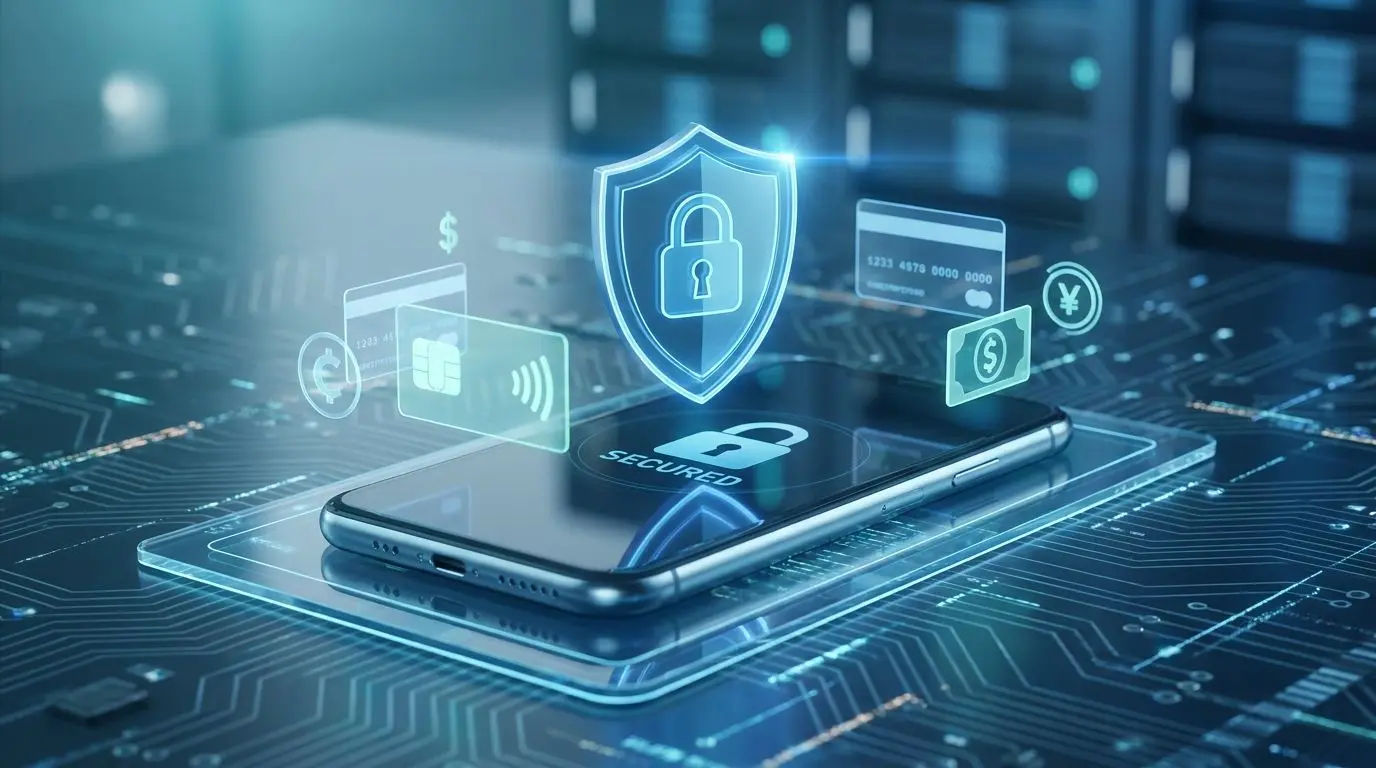 Mobile Payments and Security Smartphone with security shield and payment icons for mobile transactions