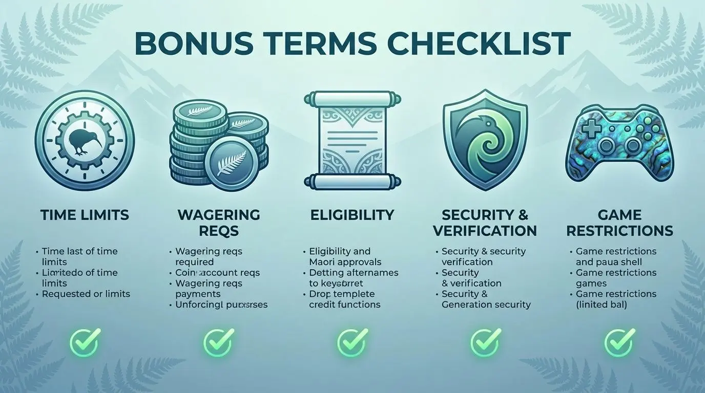 Checklist style image covering bonus terms such as time limits and cashout rules