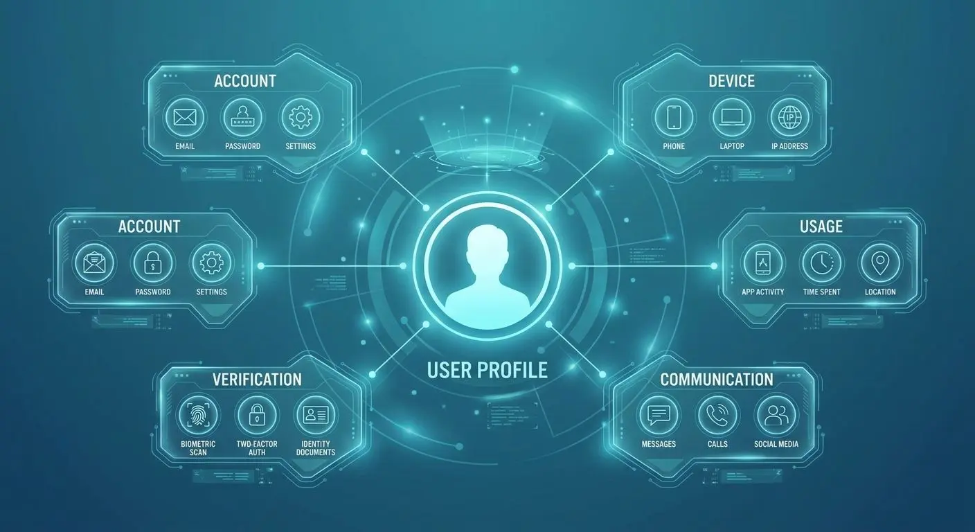 Diagram showing account device and usage data around a player profile