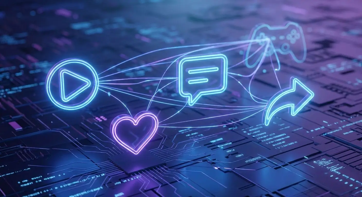 Social media icons over a digital gaming background