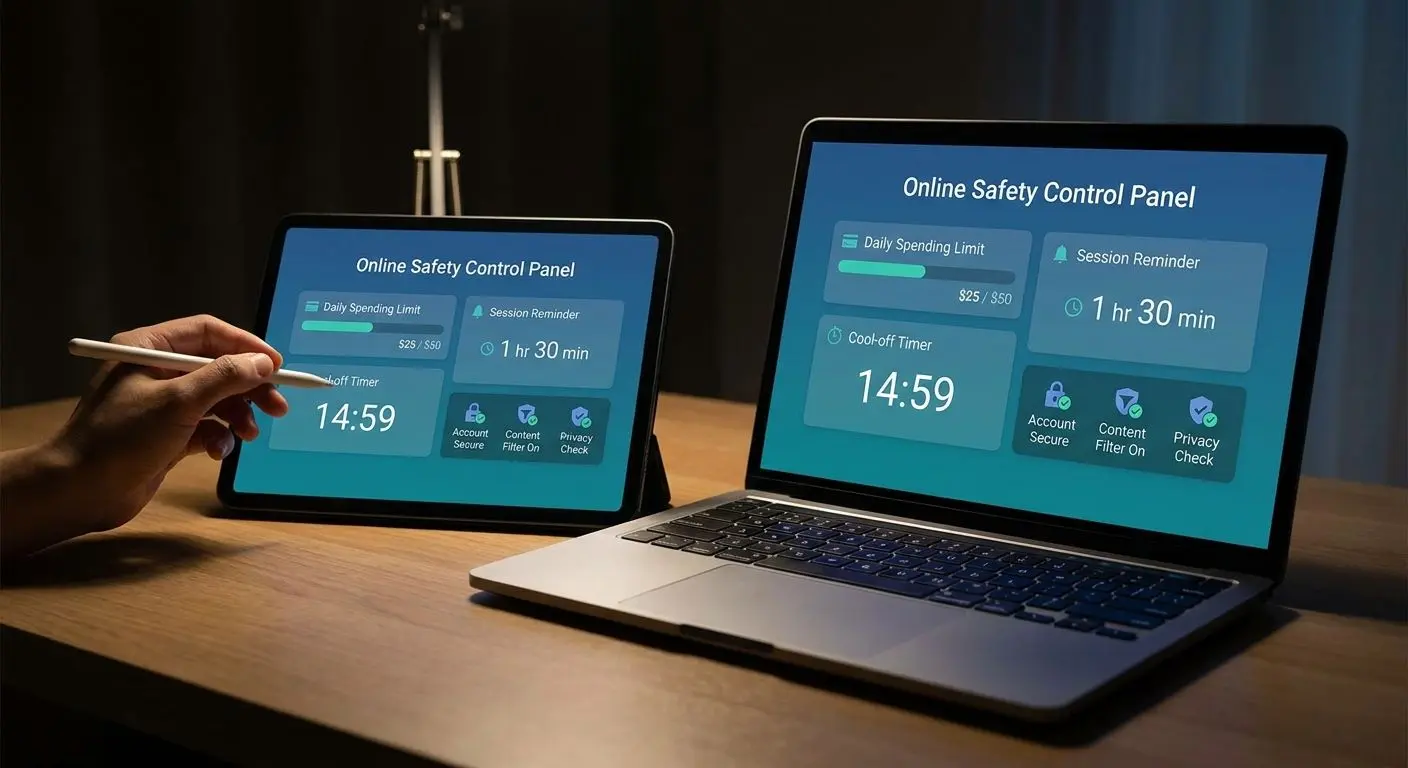 Dashboard with spending limits and session reminders for safer play