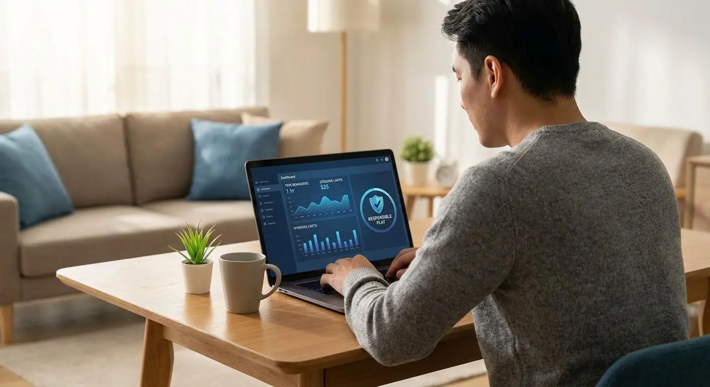Player calmly controlling screen time and spending with safety reminders