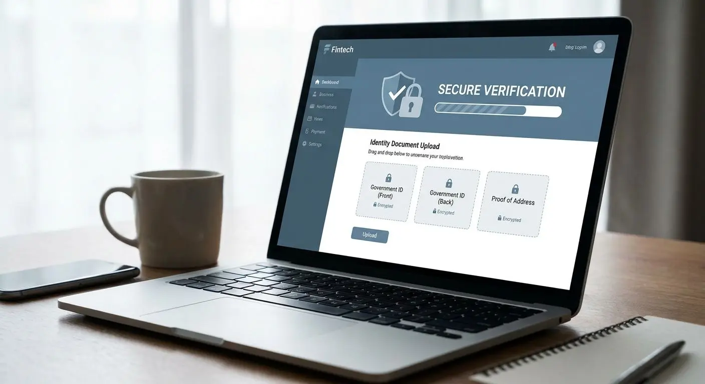 Secure verification screen with document upload and account safety icons