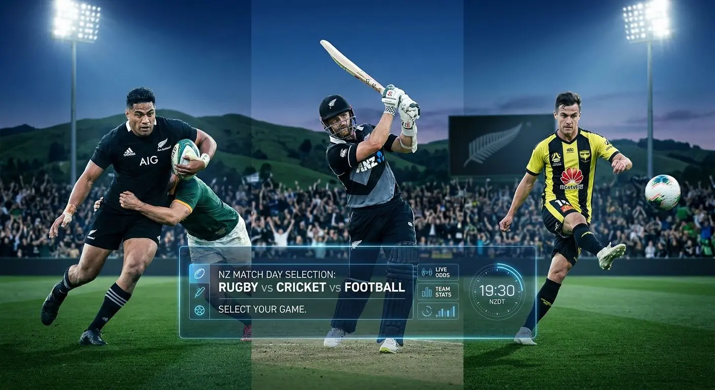 Rugby cricket and football collage with sports selection interface