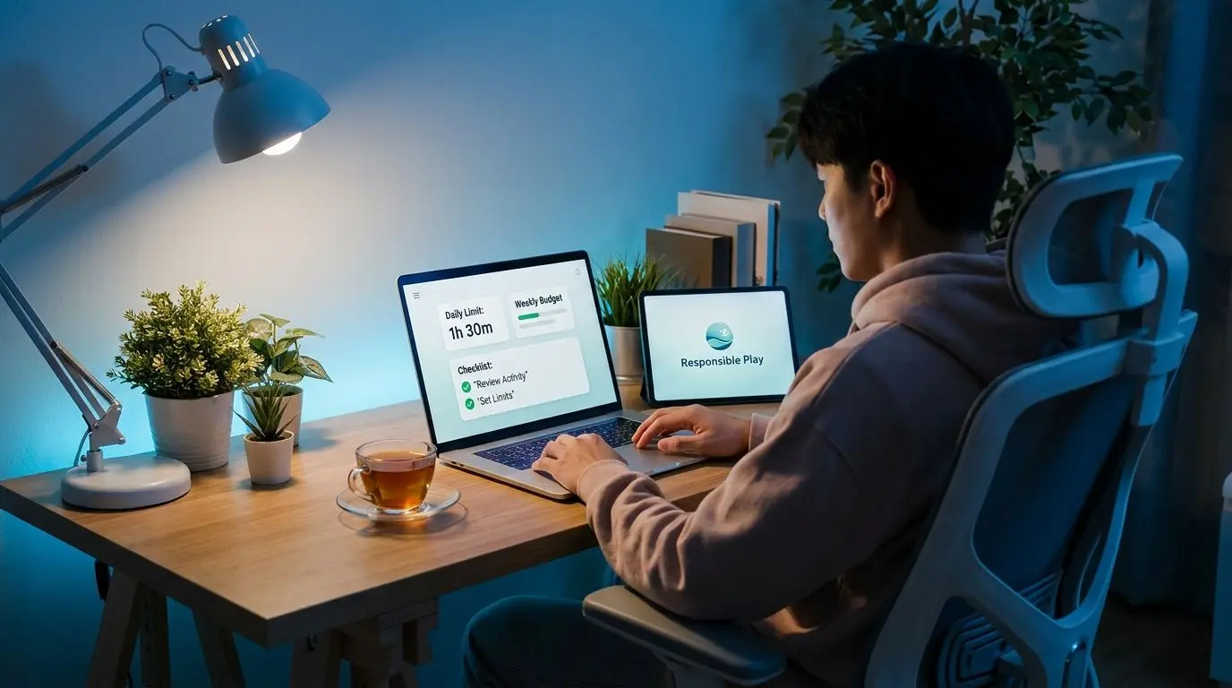 Player setting limits on laptop with checklist for responsible play