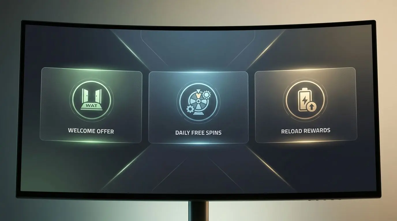 Comparison cards for daily free spins, welcome offer and reload rewards