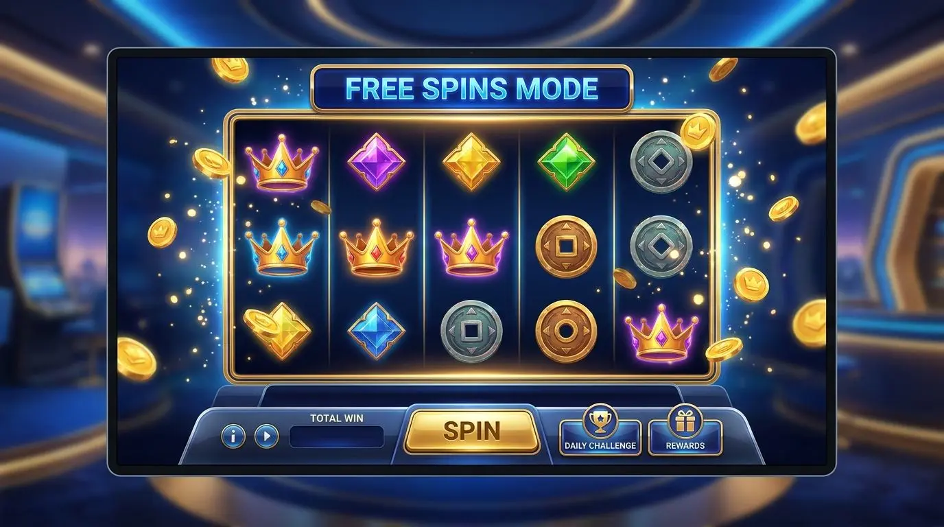 Slot-style screen in free spin mode with coins and daily offer feel