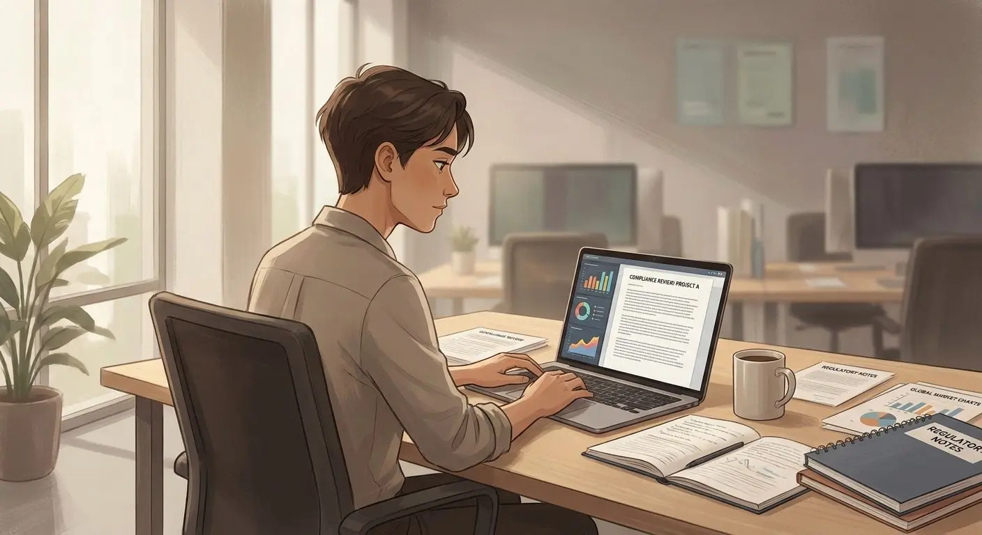 Author analyst illustration Illustrated analyst reviewing bonus terms at a desk