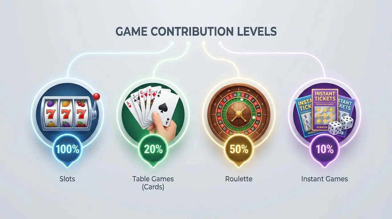 Game contribution overview for bonus play Game icons showing different bonus contribution levels