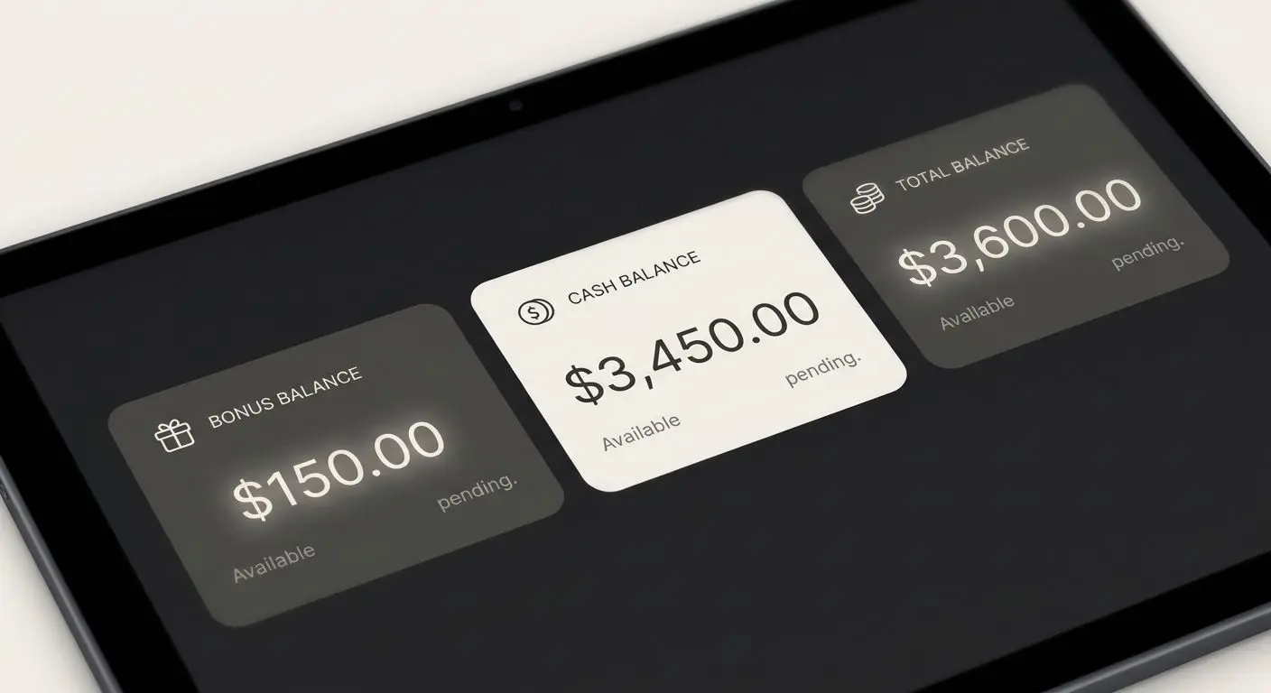 Bonus balance vs cash balance example Interface showing separate bonus, cash and total balances